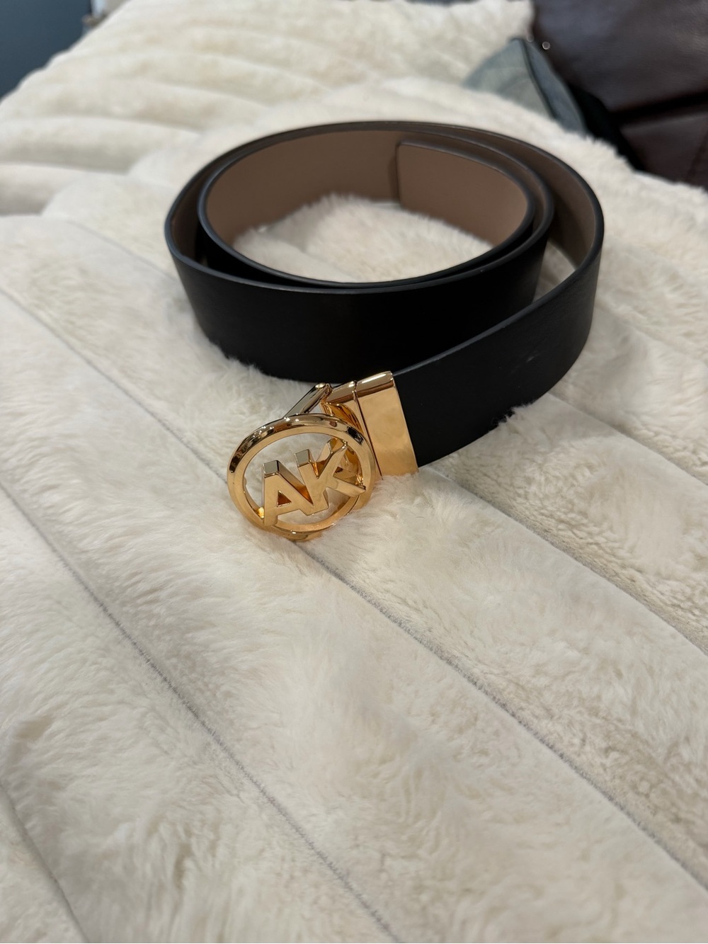 Anne Klein Black Leather Belt with Gold MK Round Buckle